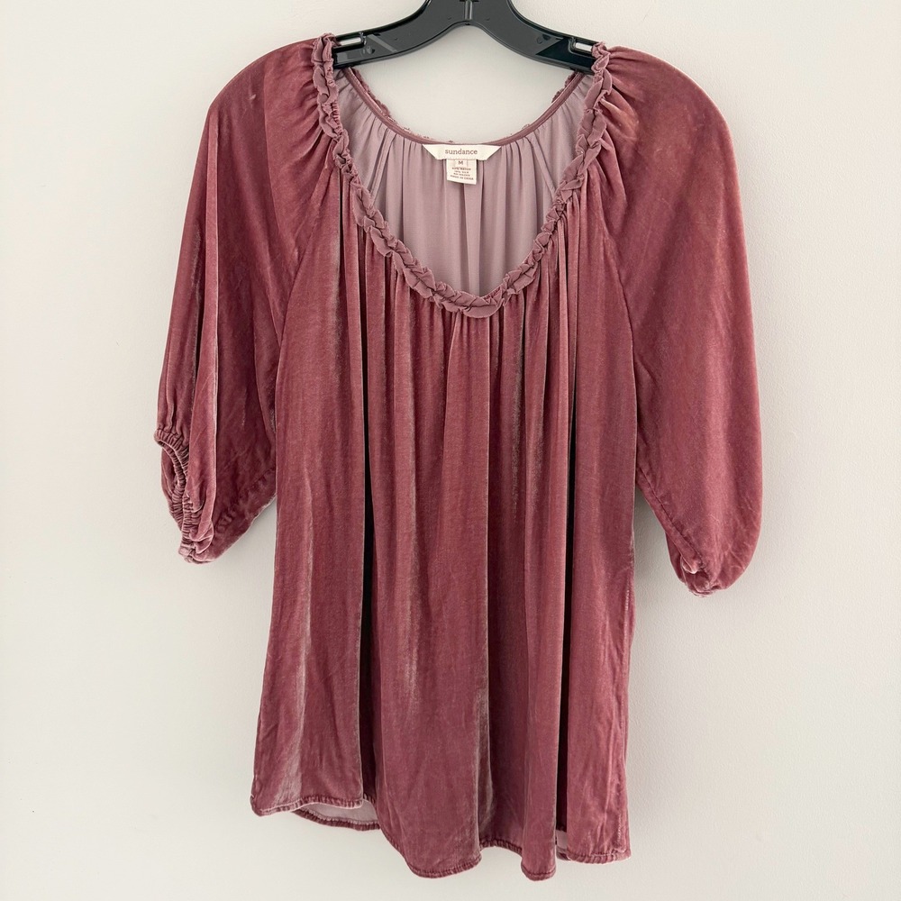 Sundance Silk Blend Velvet Ruffle Neck Blouse Dusty Rose Pink M Boho Romantic